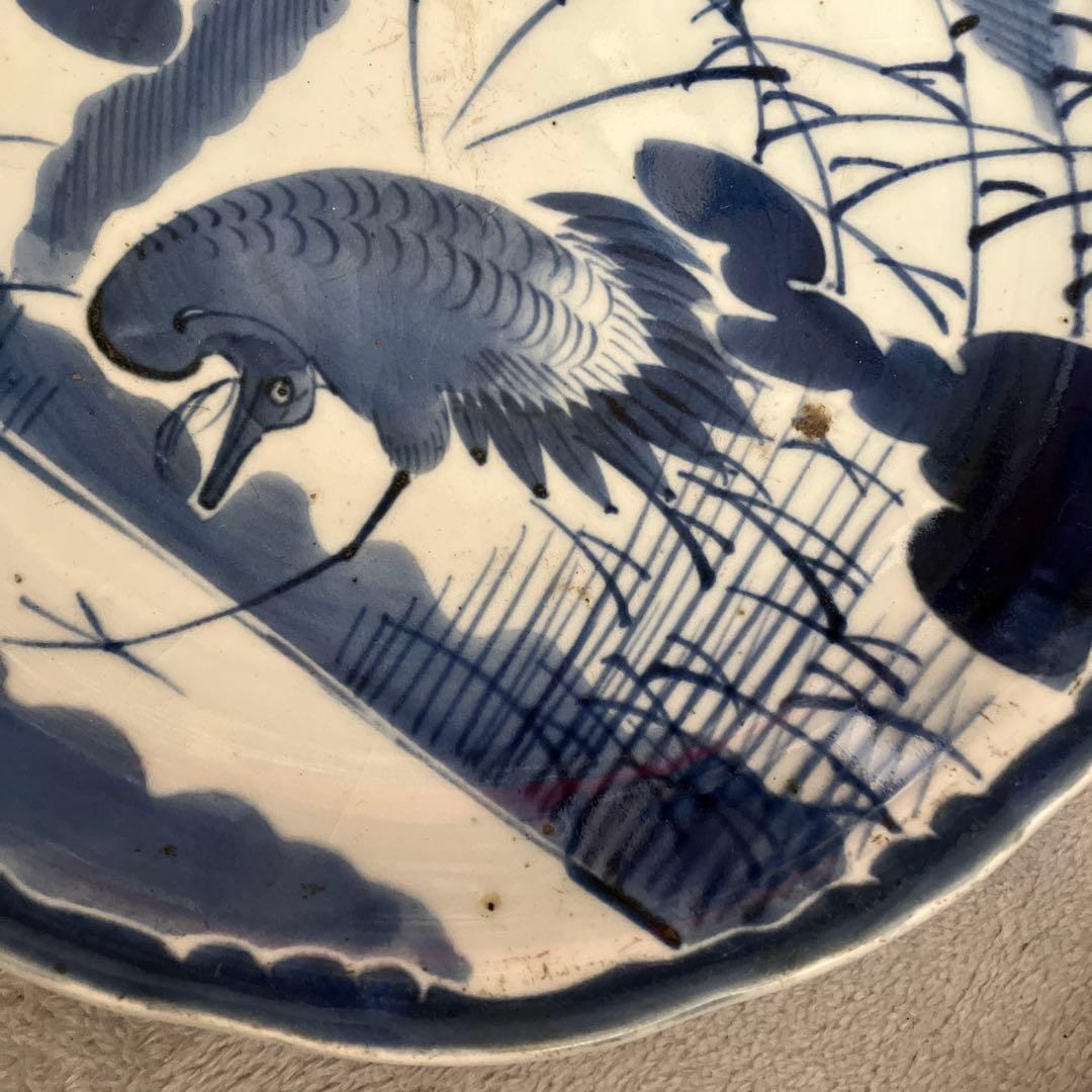 R★昔の大皿　古伊万里　鷺　直径22.7高さ3 青と白のコントラストが素敵です