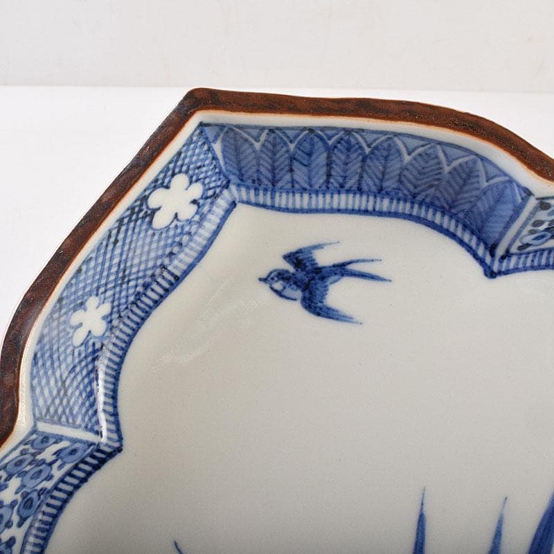 九谷焼　九谷寿楽窯　嶋田寿楽作　染付　菖蒲文　盛皿　共箱　V　R9055