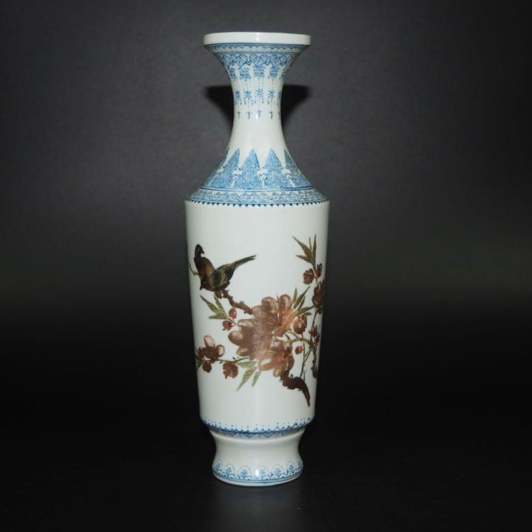 送料無料　1950～60年代景徳鎮製薄胎花瓶　手描き 画於珠山 中国名磁　共箱