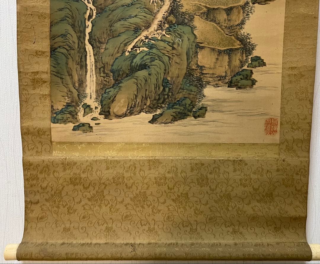 掛軸　諏訪部直亭［青緑山水人物の図］絹本　信州の画家　木箱無！