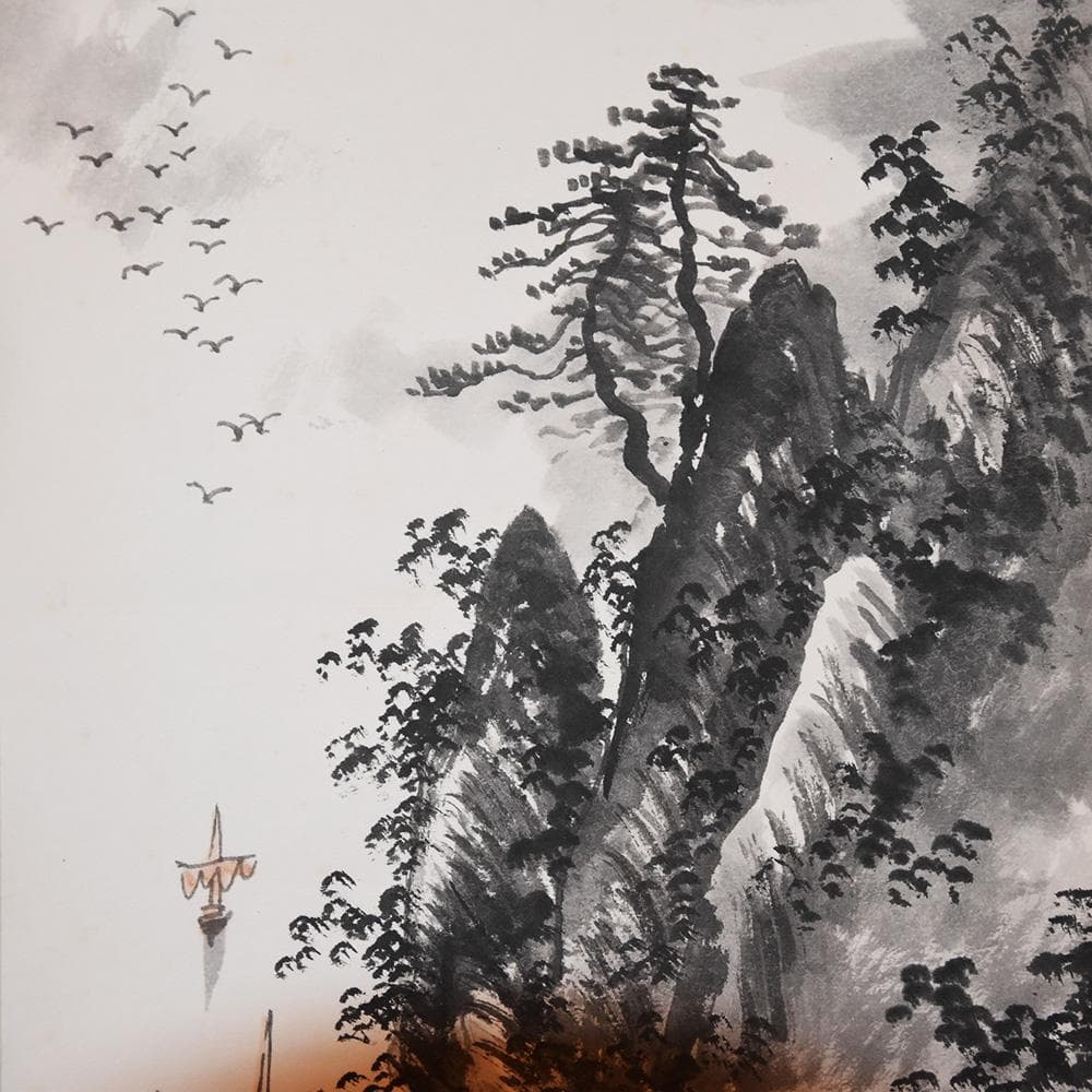 中国美術 桂林山水天下奇 丙寅春首 唐東写 山水画 水墨画 1986年 掛け軸