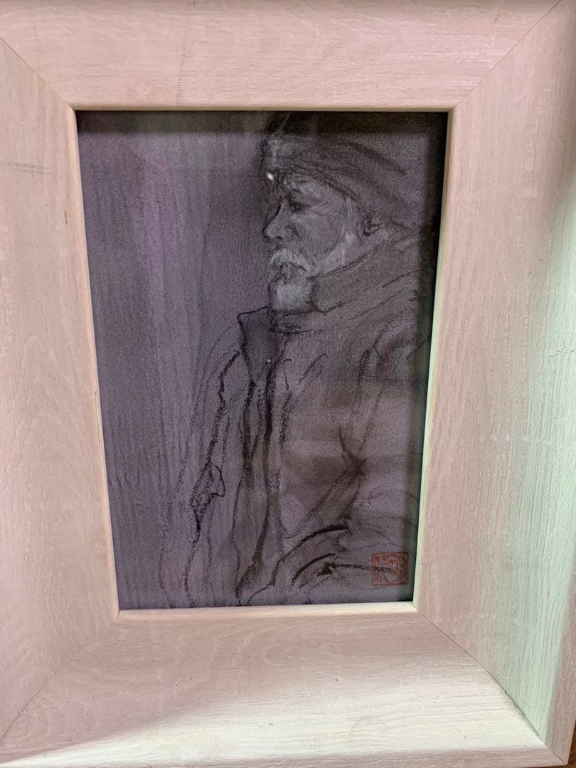 黒コンテ　デッサン　原画　ポストカードサイズ　額縁