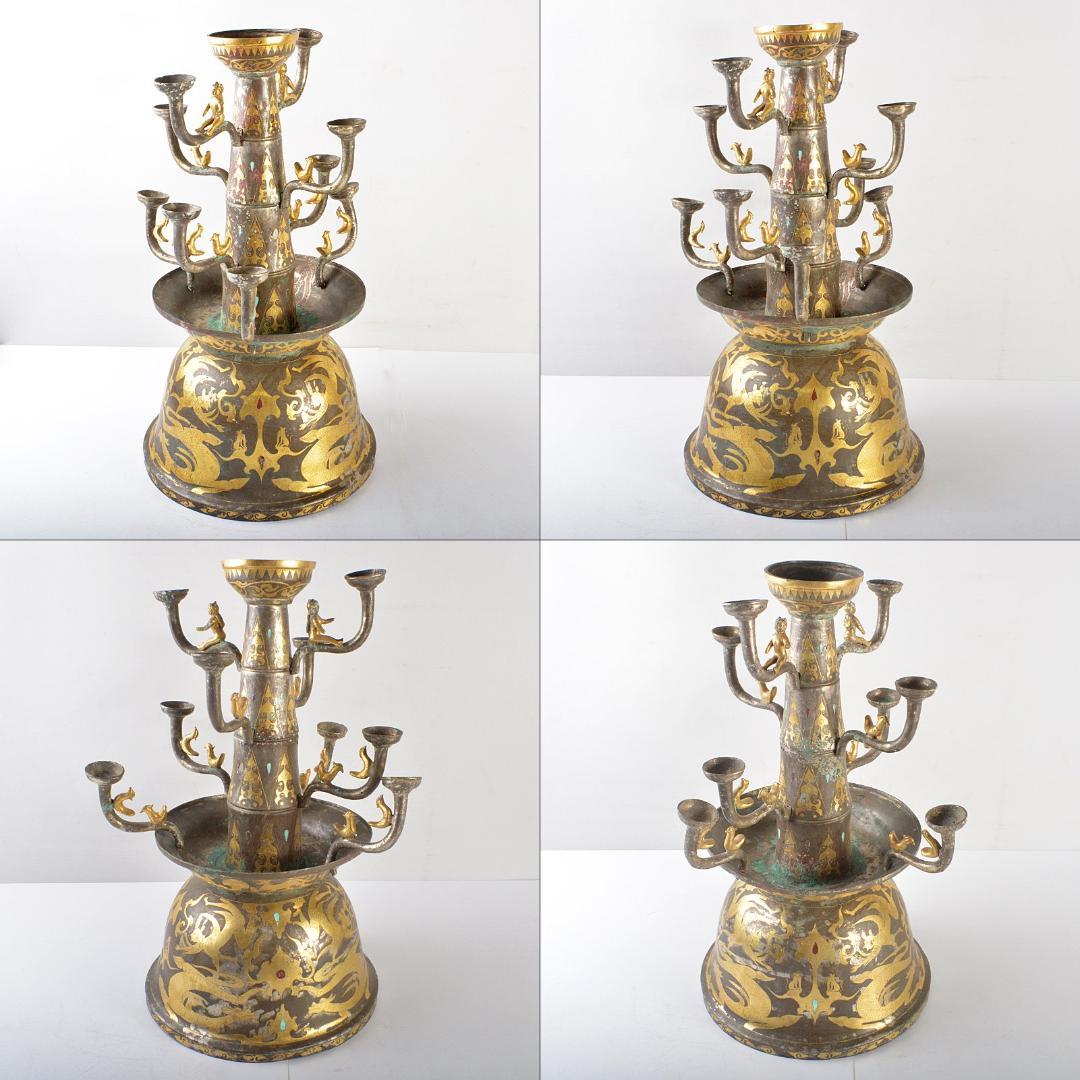 中国　古銅　金象嵌神獣人物文　燭台　蝋燭立　D　R5281B