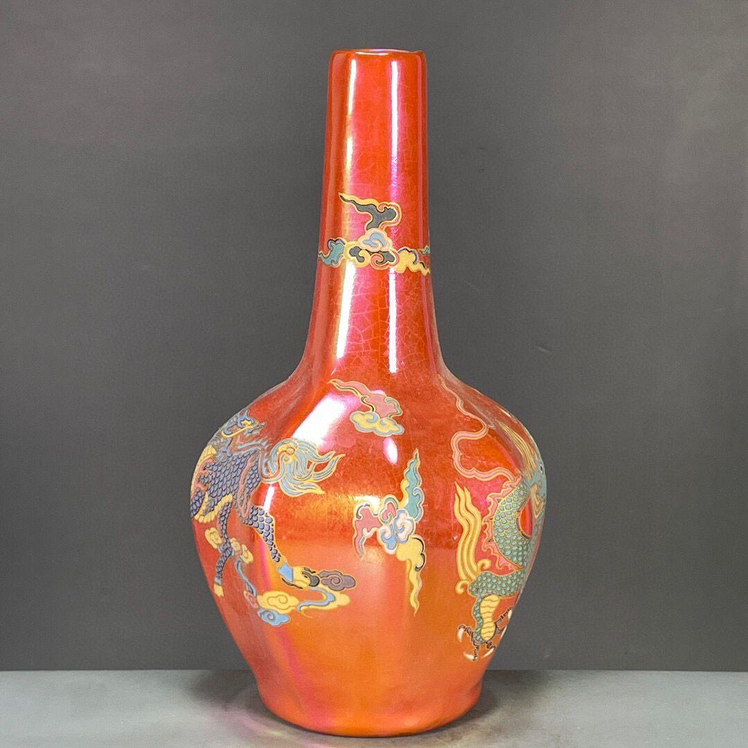 宋清涼寺七彩龍紋瓜稜夜光磁の花瓶 景徳鎮 陶磁器 装飾品 現代工芸品美術品 置物