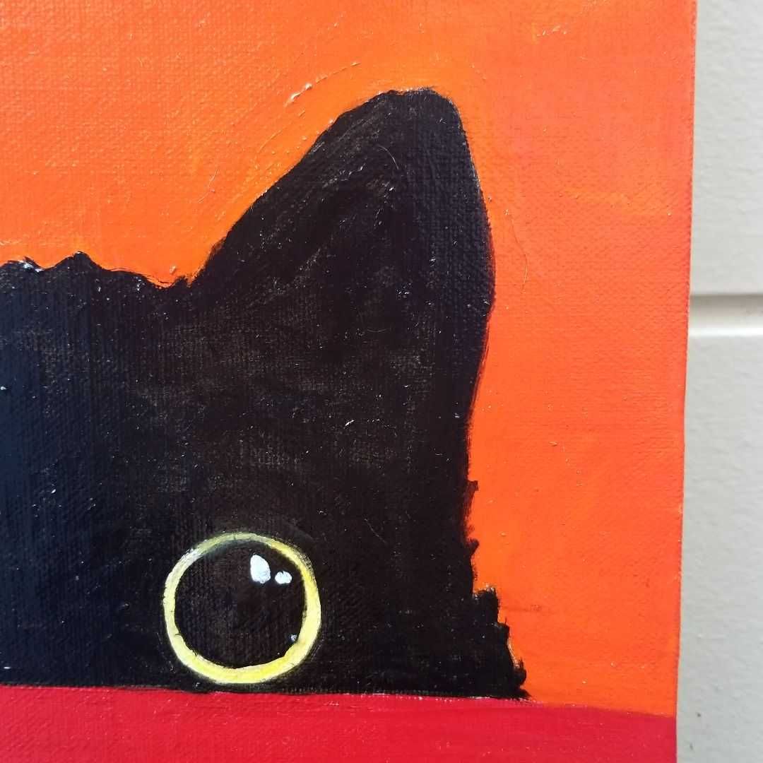 キャンバス油絵　よっこ 　何かを見ている猫