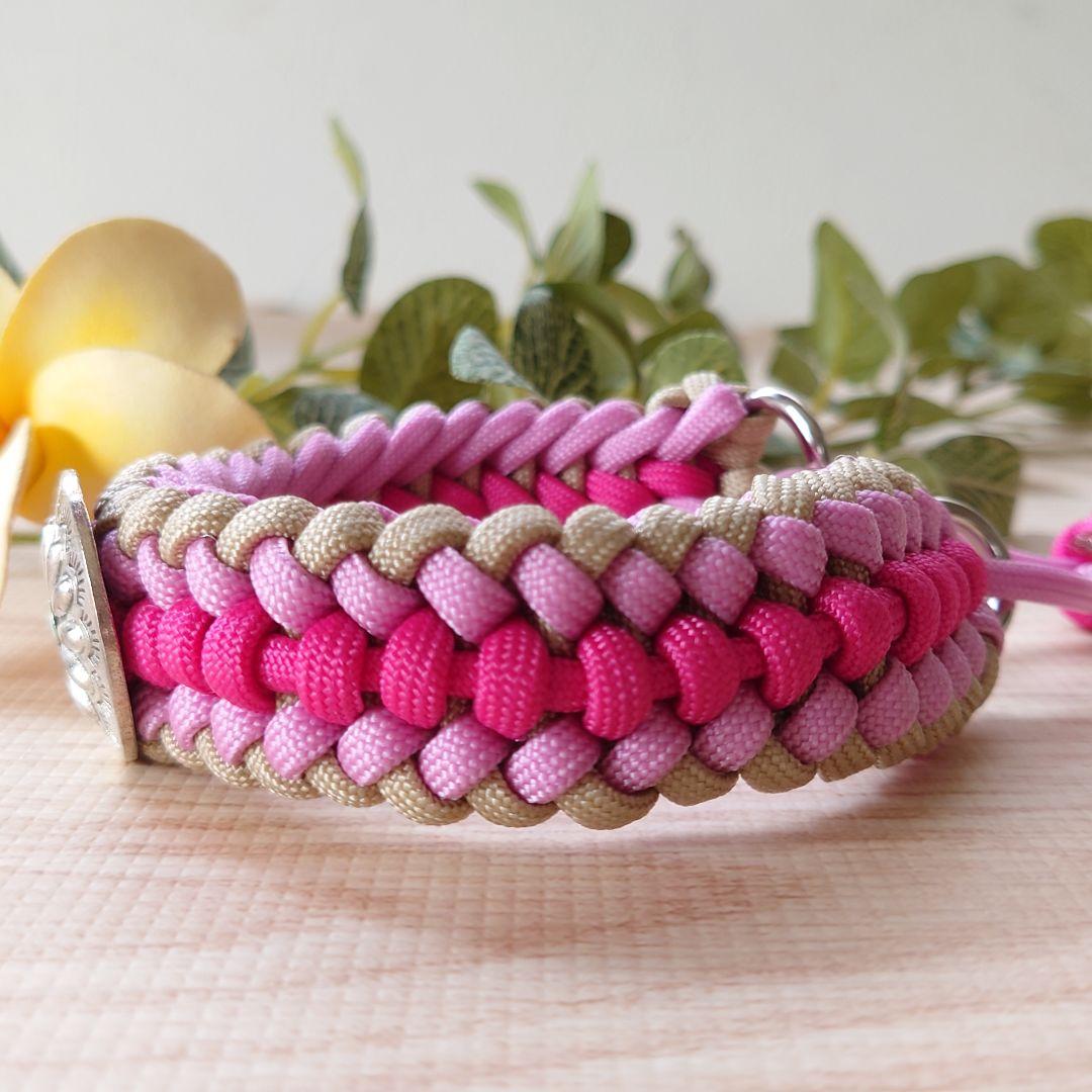 パラコード首輪　太めハーフチョーク　ピンク　コンチョ付き　№100