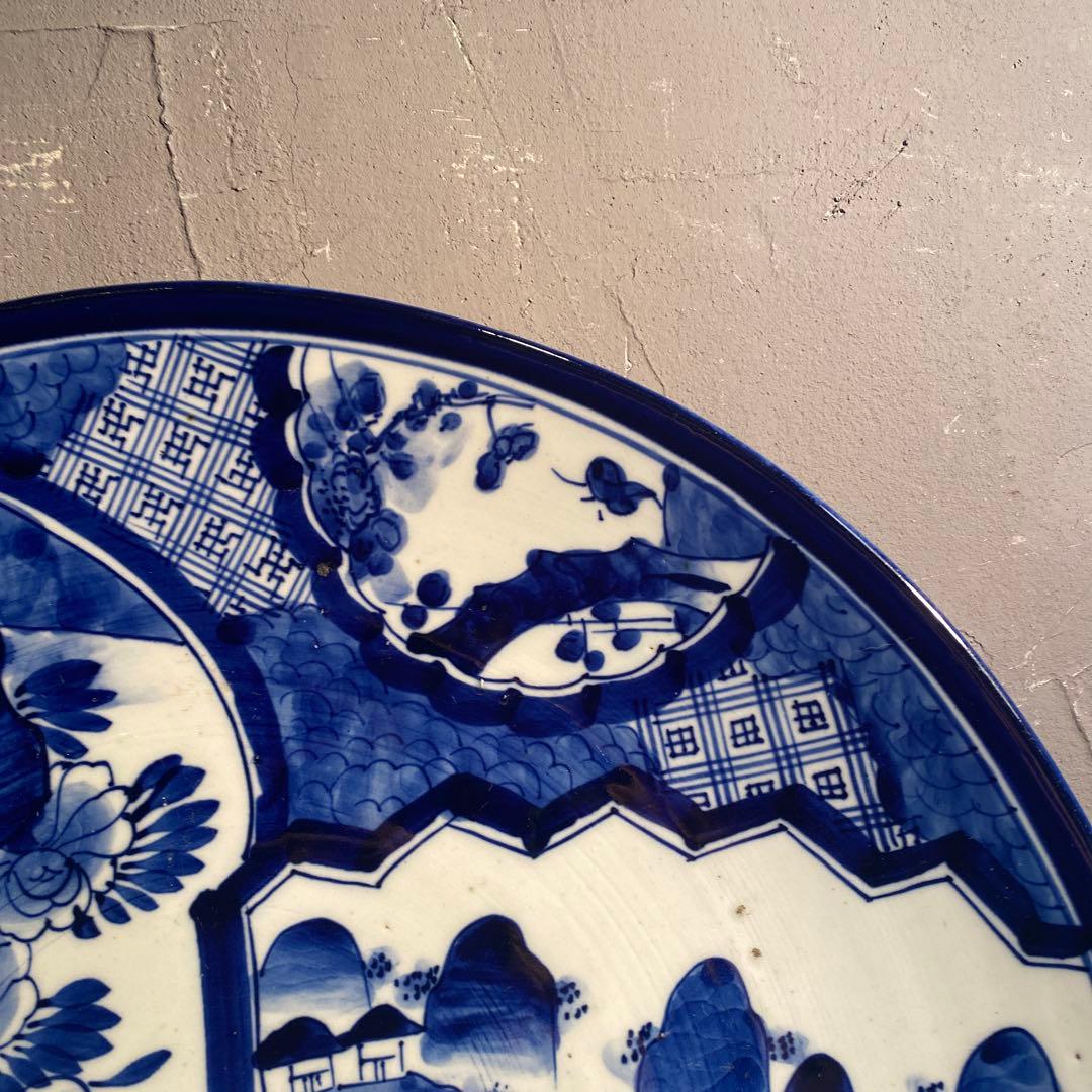 骨董品 古伊万里 40.5cm染付大皿 ベロ藍 山水画 花鳥文 江戸後期