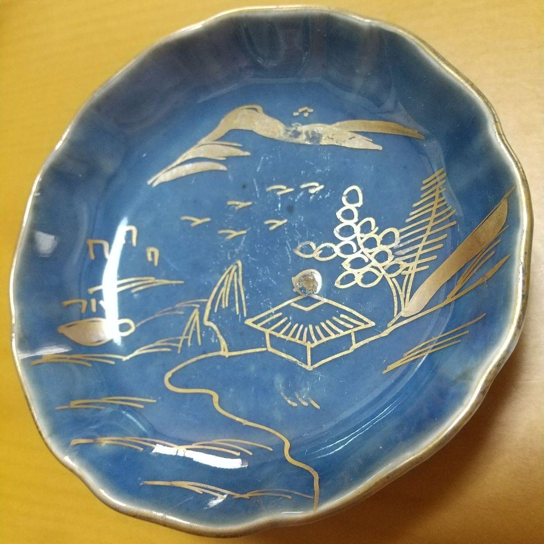 古伊万里 瑠璃釉金彩 山水画紋様 豆皿 4 客