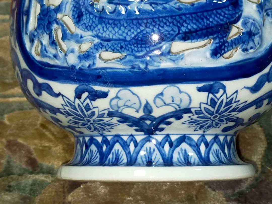 ♥値下げ！♥中国　染付　双耳　花瓶　大明成化年製　龍　鳳凰　骨董　古玩