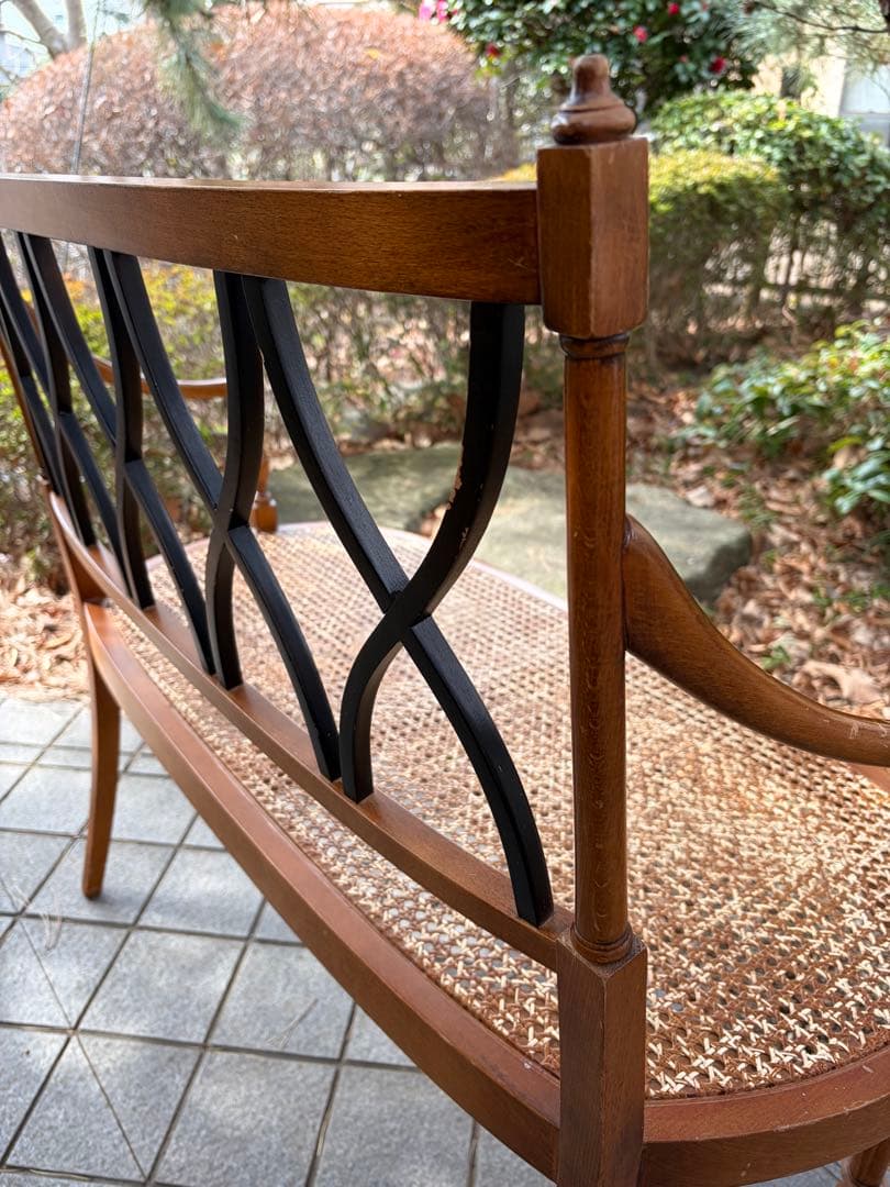 アンティーク 木製ラタンベンチ 2人掛け アールデコ アームチェア 椅子