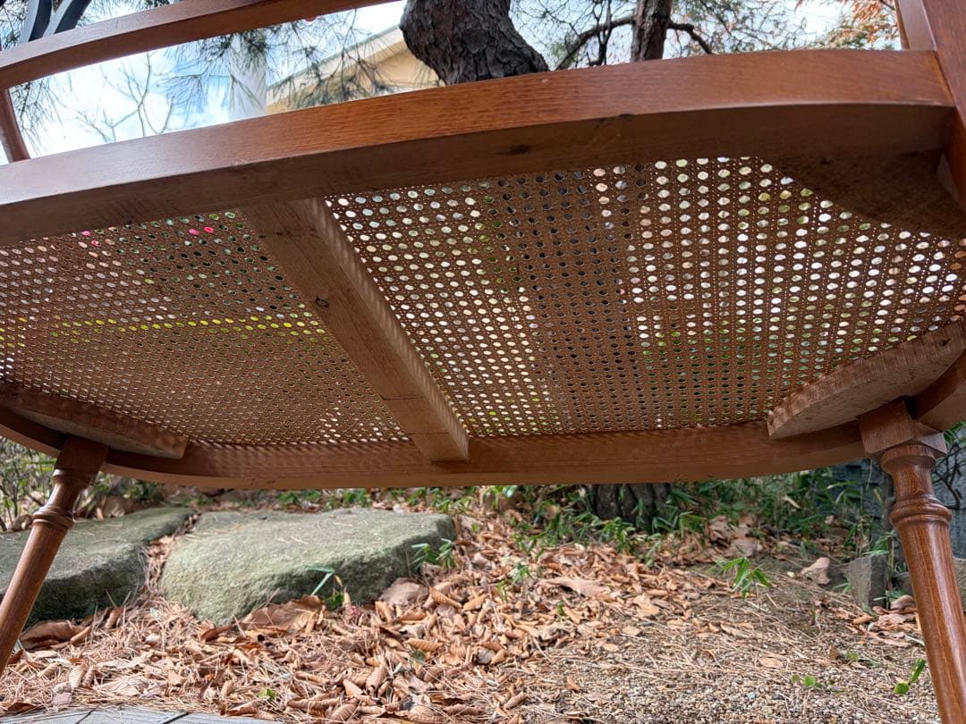 アンティーク 木製ラタンベンチ 2人掛け アールデコ アームチェア 椅子