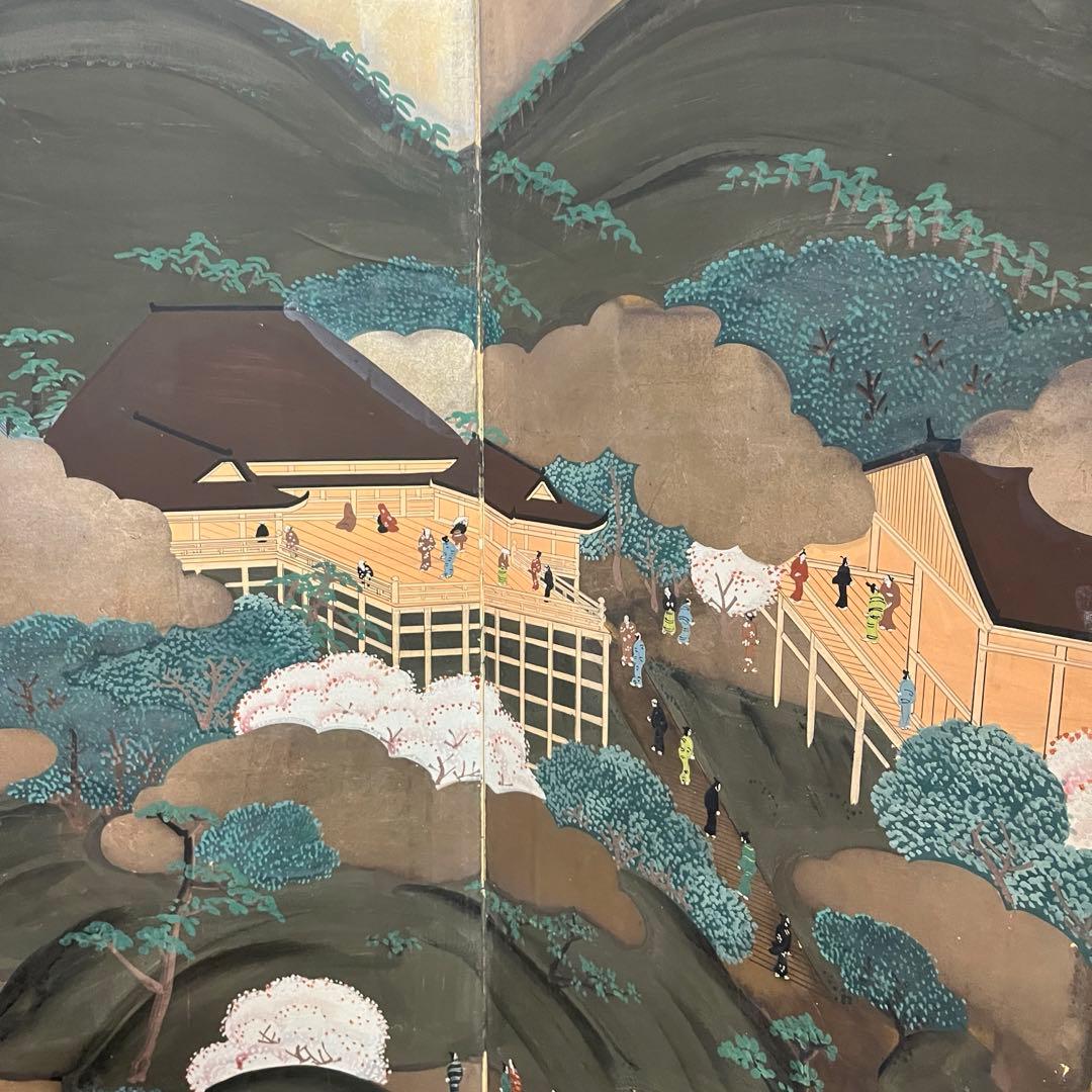 【アンティーク】蔵出し 六曲一双 屏風 人物画 風景画 日本画 金屏風 古美術