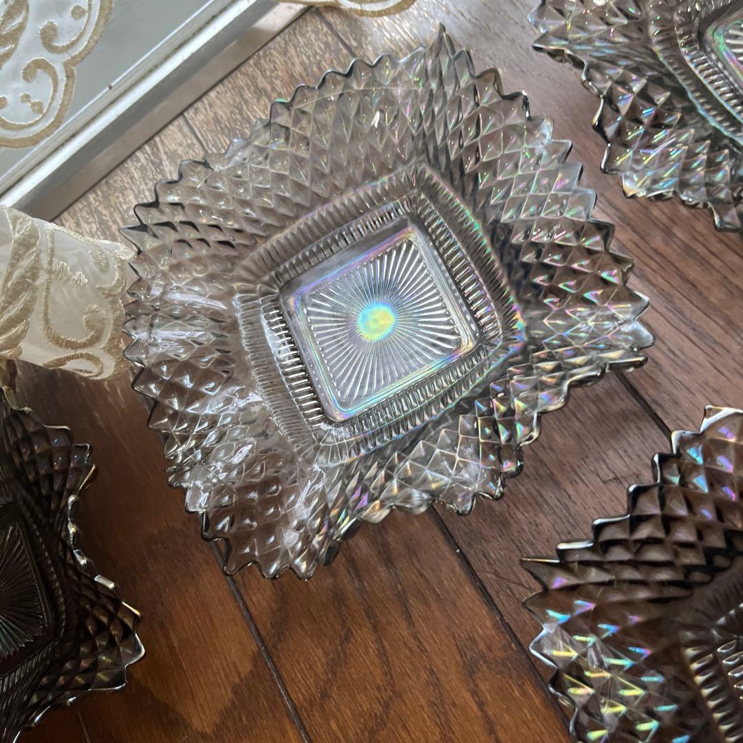 最終処分特価ミラーガラスカーニバルガラス？変形ガラス鉢五個セット光で変わる色表情