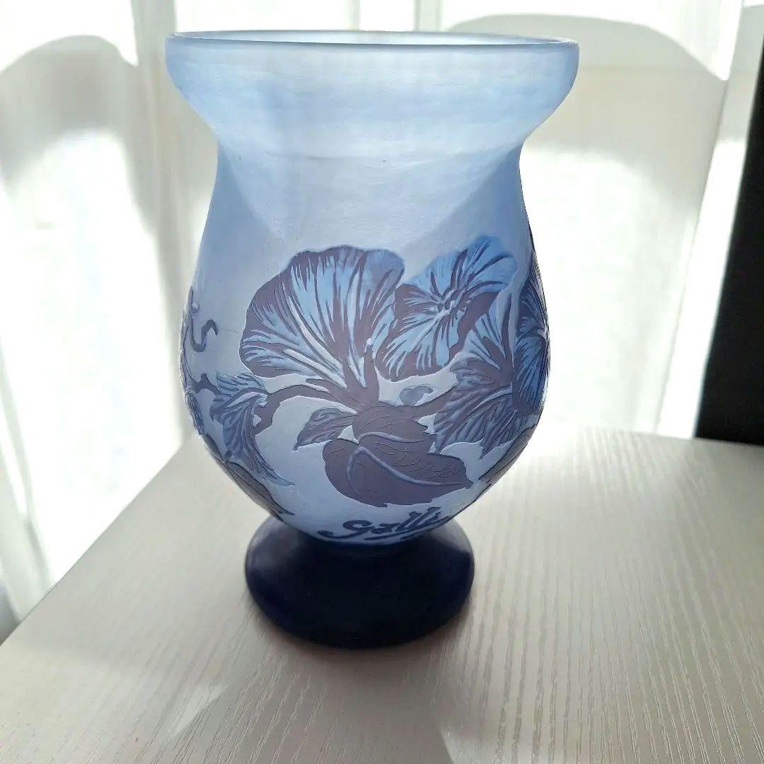 【エミール・ガレ】美品・花柄エッチングガラス花瓶 青アンティーク