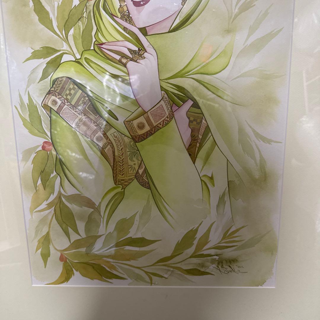 くげ じゅんこ 水彩画 サイン 額縁 付き 75×60cm