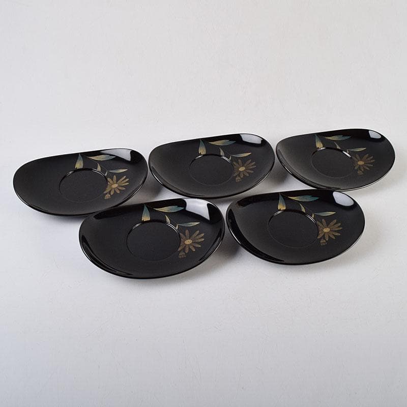 輪島塗　文化功労者　三谷吾一作　草花沈金　茶托　五客　共箱　M　R9503