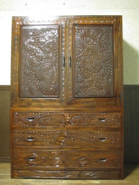 伝統工芸 軽井沢彫り 栃 無垢材 桜 彫刻 和箪笥/衣装箪笥/整理箪笥/着物箪笥