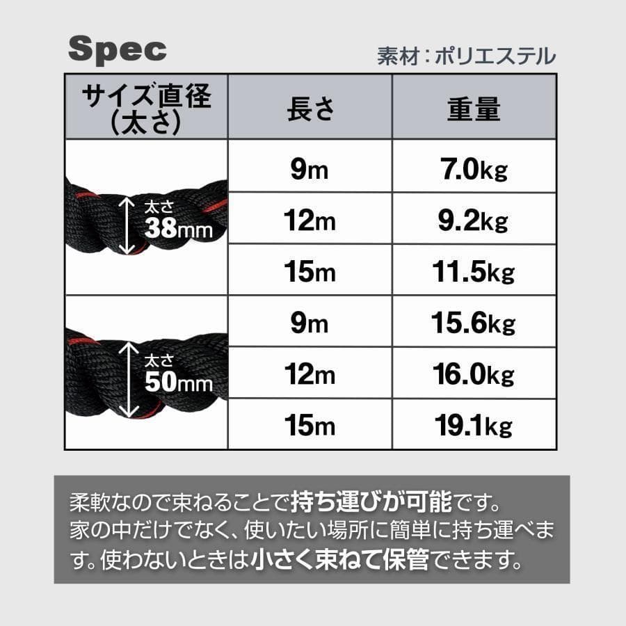 トレーニングロープ バトルロープ 50mm x 長さ12m プログレード2384