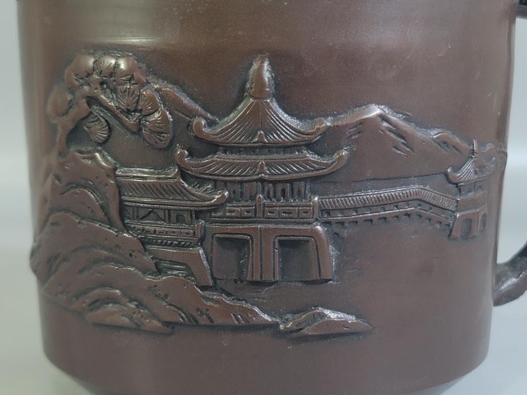 煎茶 銅 楼閣山水紋 霊芝手付 建水 琢斎造 DT322