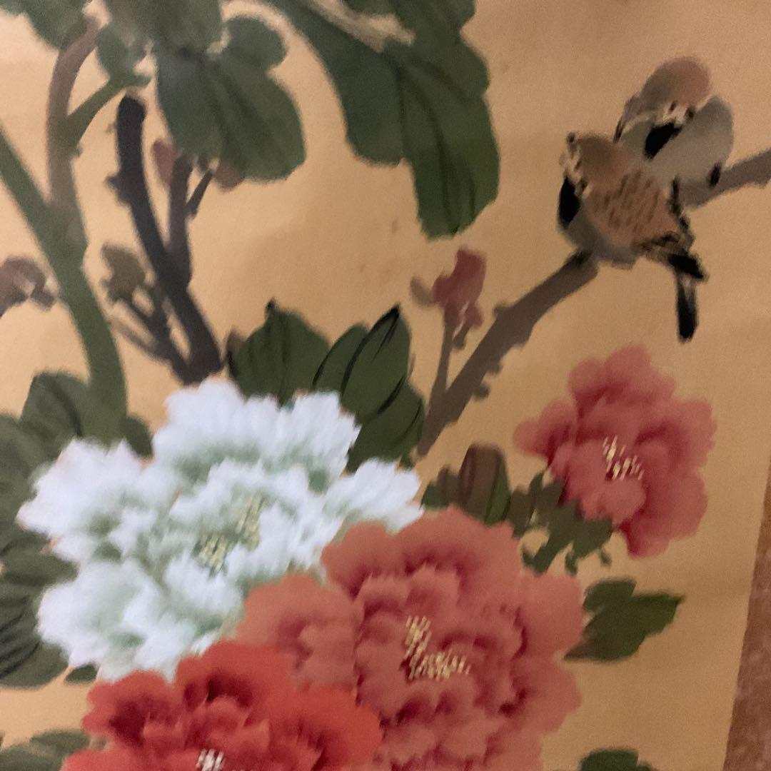 彩色画 絹本 作者不詳 花鳥画【牡丹に雀図】