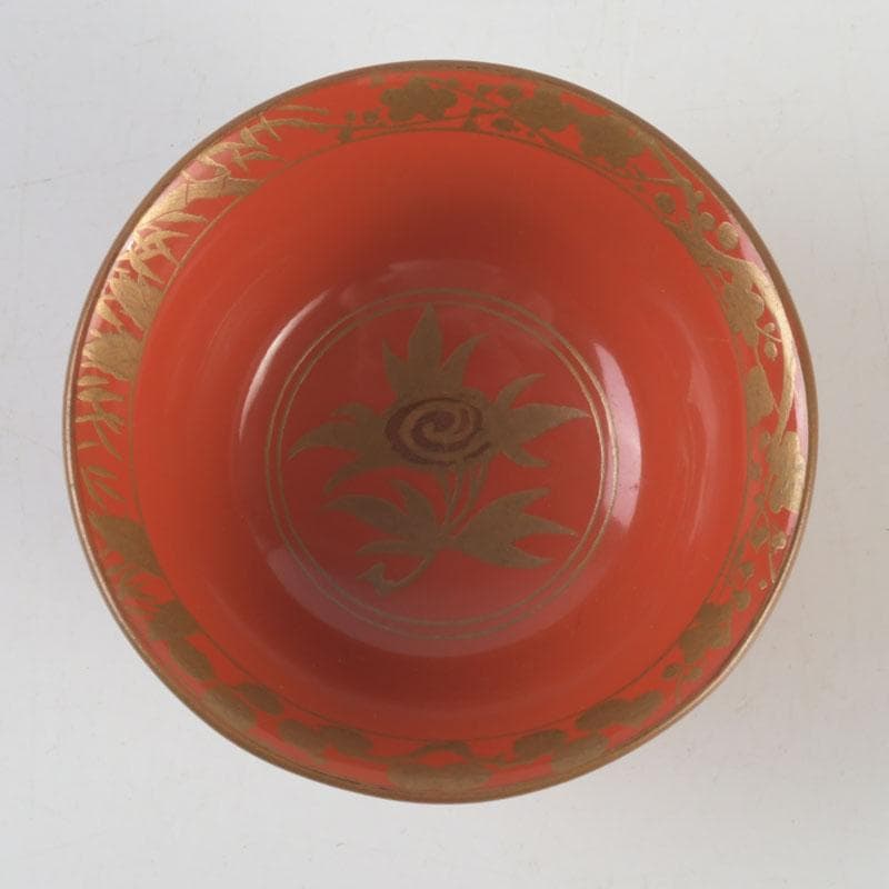 時代根来　朱塗　山水人物蒔絵　杯　盃　在銘　共箱　C　9394