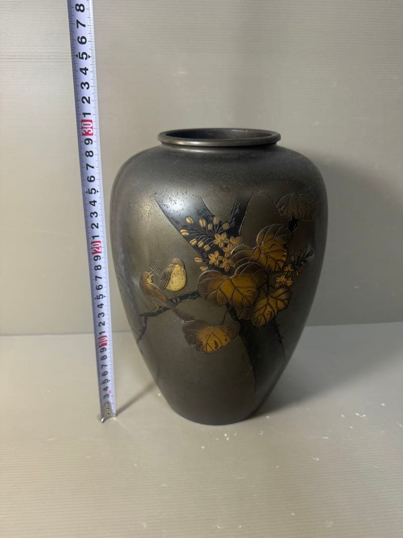 2643 高岡銅器 銅花瓶 希少 金銀象嵌 鳥花文図