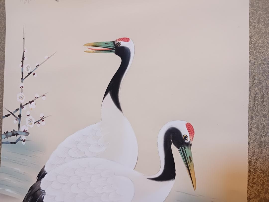 【春雪作】丹頂鶴と亀 松竹梅 美品 高級掛軸 日本画 縁起物