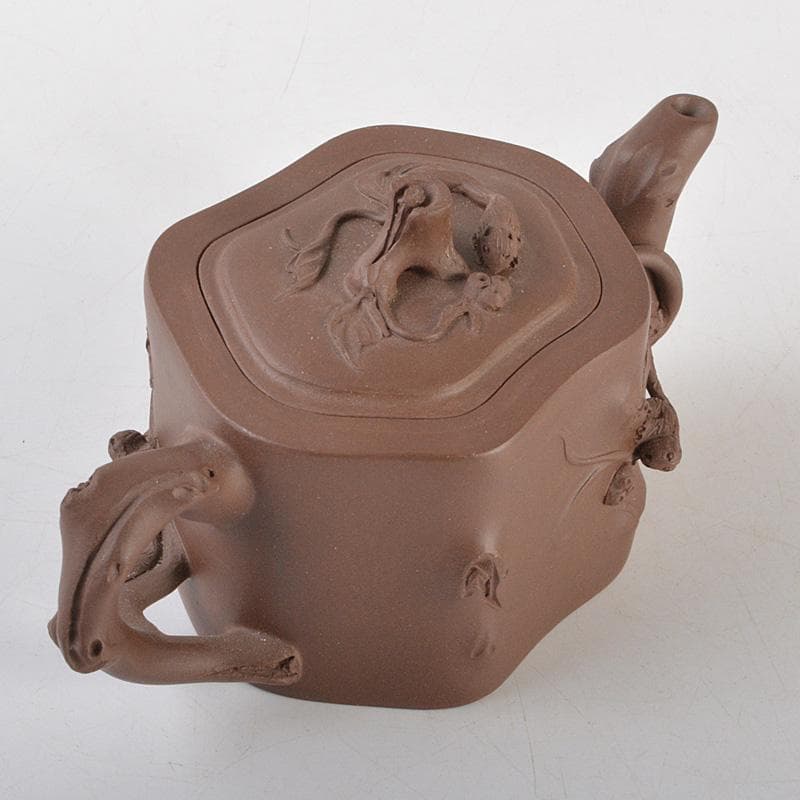 中国　紫砂　朱泥　栗鼠果実文　急須　茶壷　在銘　C　6411