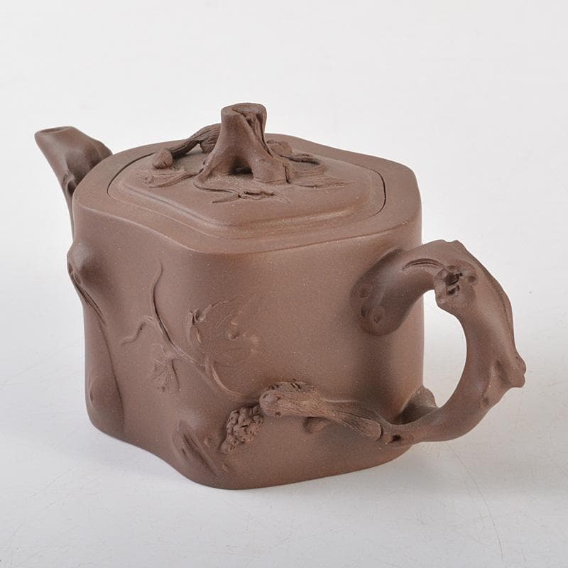 中国　紫砂　朱泥　栗鼠果実文　急須　茶壷　在銘　C　6411
