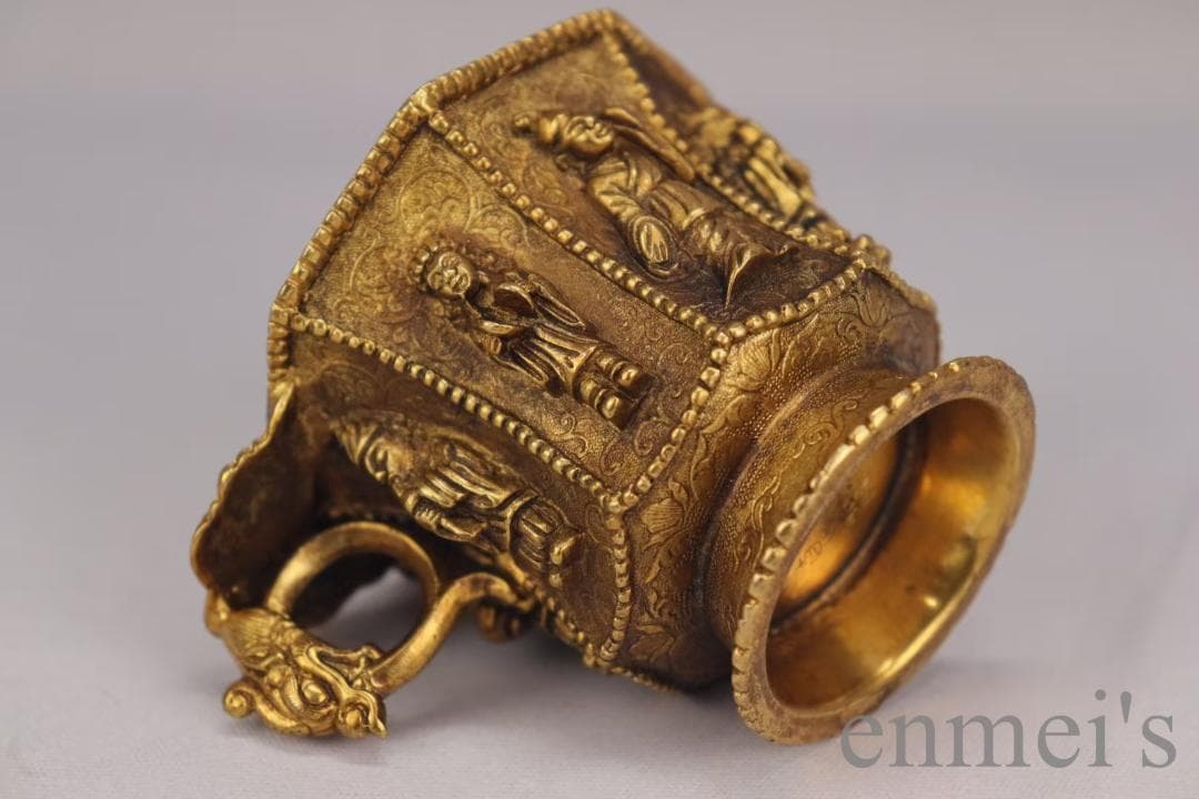 中国古美術 旧蔵 唐代 大唐貞觀款 鍍金銅酒杯 八仙紋 純手作り 精銅製 酒具