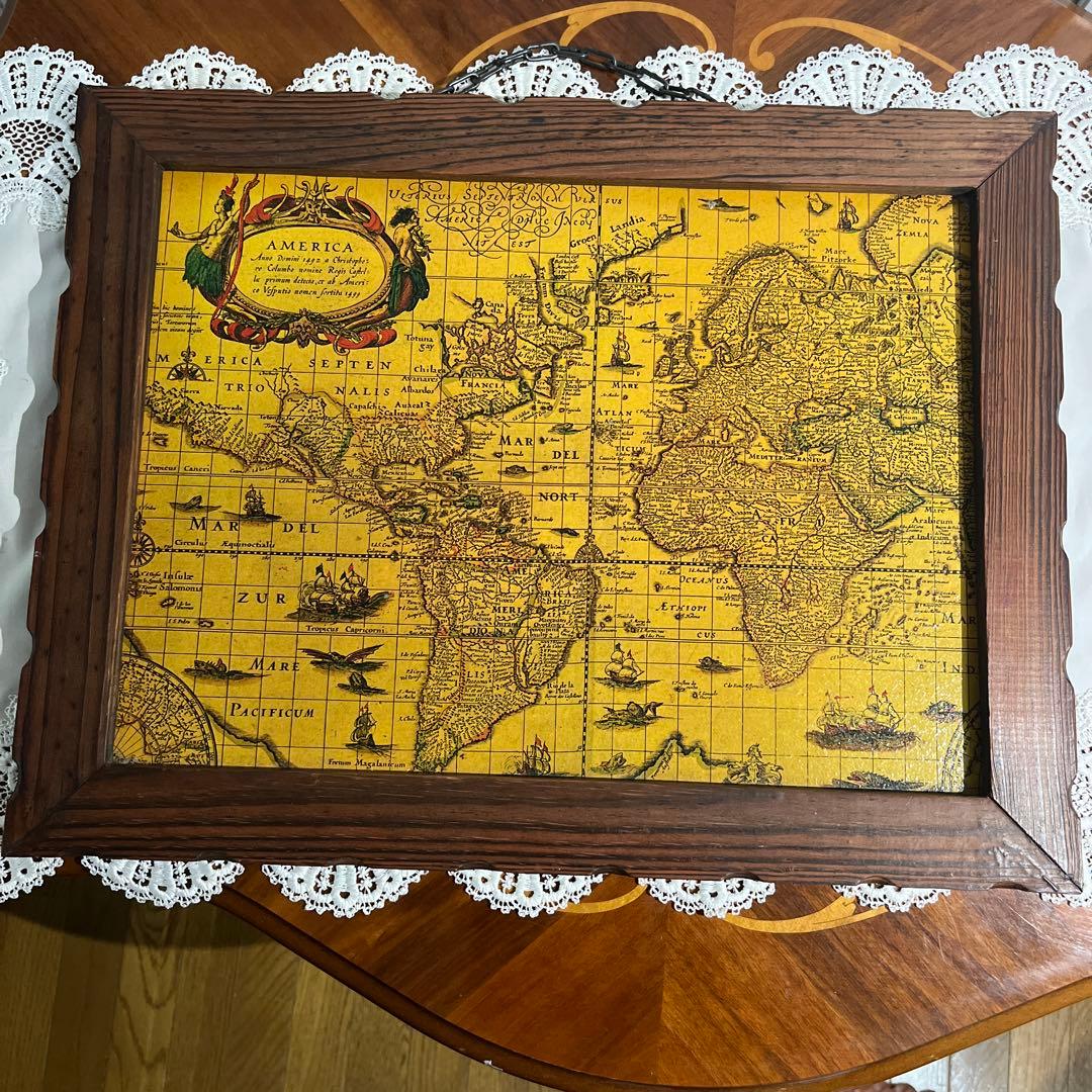 Antique アンティーク 世界地図 木製 額 スペイン製