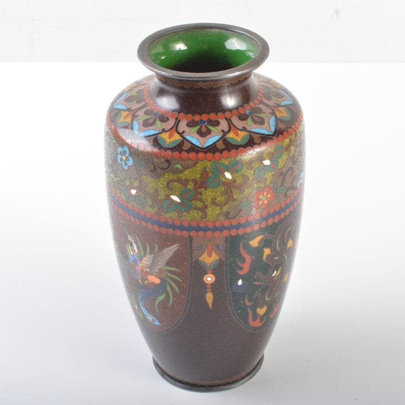 中国　古七宝琺瑯彩　龍鳳凰文瓶　M　R6349