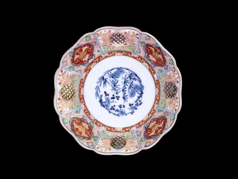 古伊万里　金襴手　松竹梅　菊花四方襷紋に花の図　６寸皿　N149AS-CYy