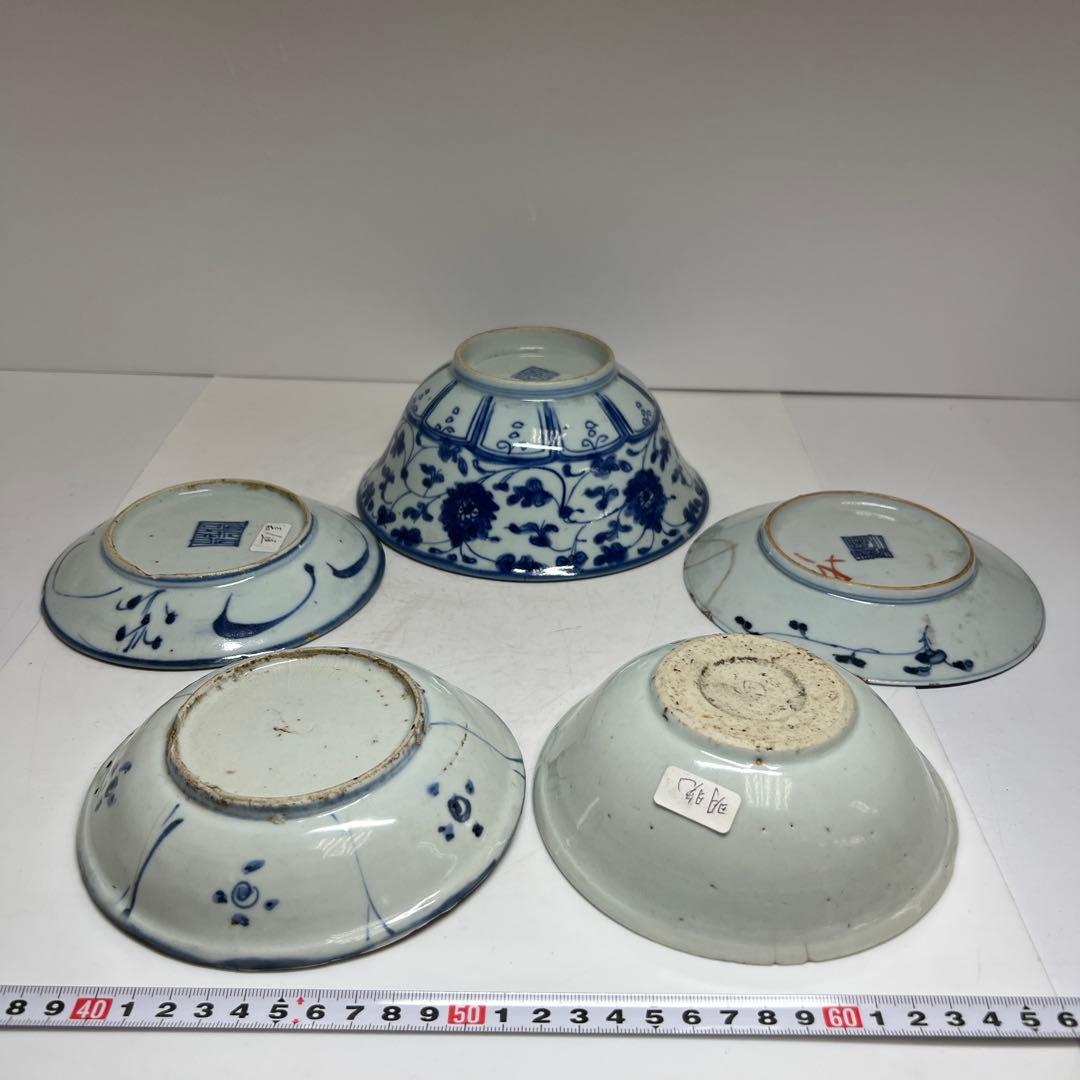 中国明末清朝時代　青草鉢、皿色々　口径約14~18㎝　東Y7-1030②トヒサ