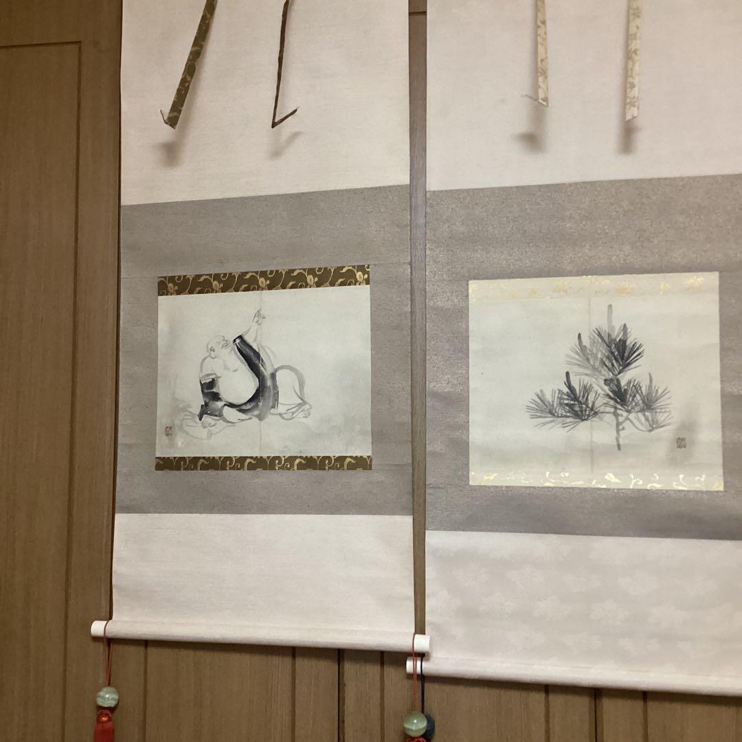 竹内栖鳳 肉筆画 【 指 月 布 袋 図 、若 松 図 】画帖画軸仕立て品模写