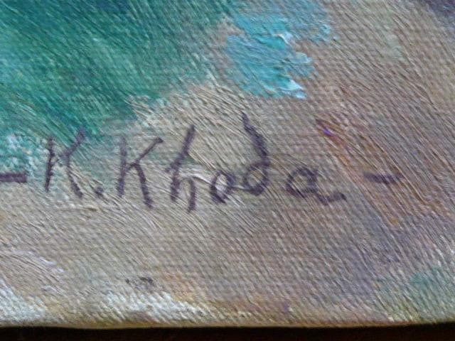 鳥取県生れの物故画家 香田勝太の晩年の風景画 ／杏花の村／サイン、作品票あり