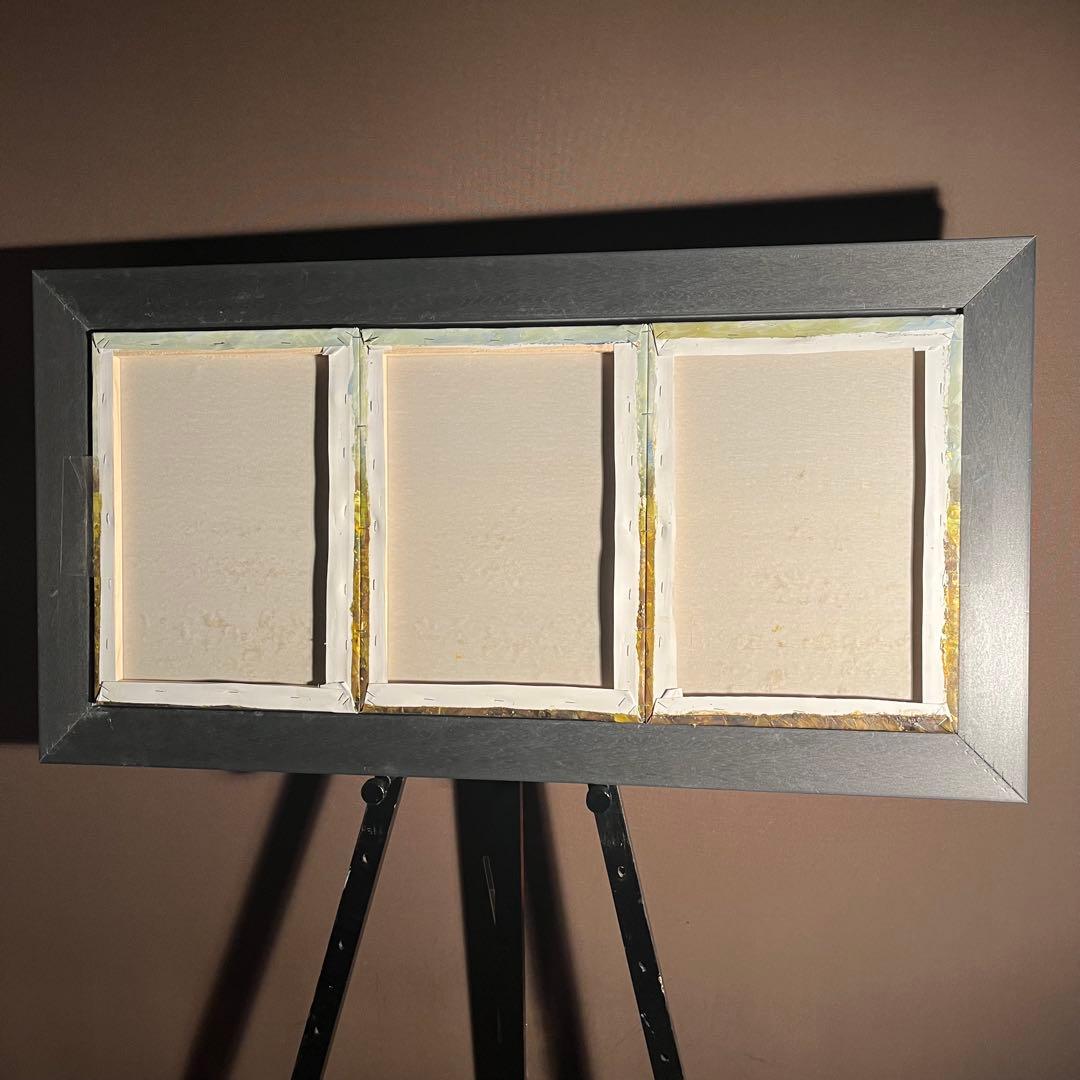 ★大型絵画★ 手書き油絵 ３枚組 朝日と山河 額付 額付き 絵画 油彩画