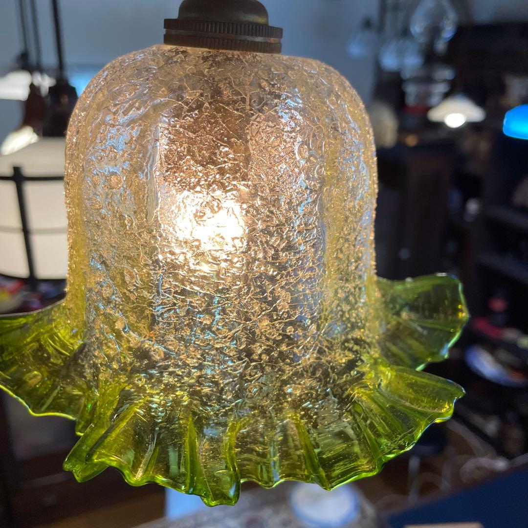 電笠　照明　レトロ　ヨーロッパ【フリル 硝子 電笠】アンティーク ガラス 照明