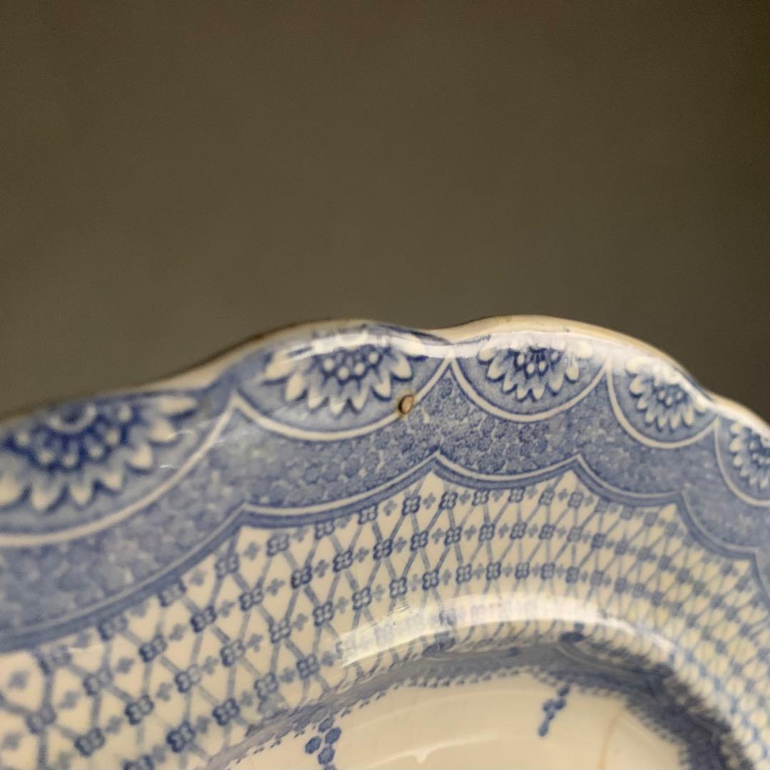 銅板転写 かわいらしい花柄 輪花 プレート 中皿 リム皿 古道具 アンティーク