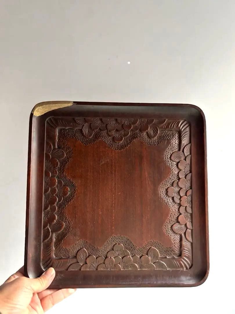 755 ヴィンテージ 軽井沢彫 桜彫 角盆 大阪屋家具店 金継ぎ 民芸 工芸