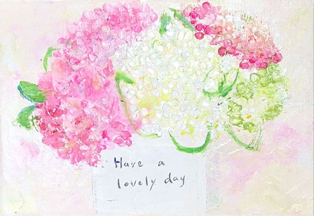 絵画　油絵　原画　一点物　花　紫陽花　ピンク　　　　可憐　SM