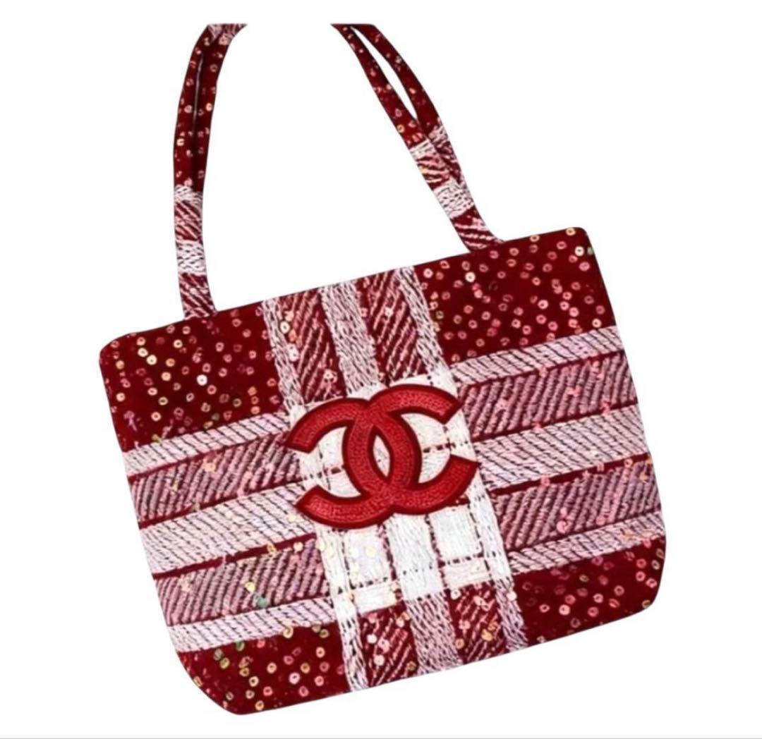 CHANEL ツイード 赤 スパンコール トートバッグ　ノベルティ