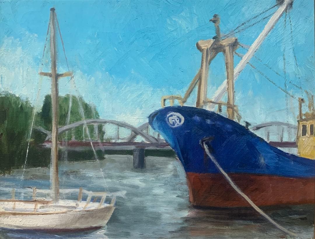 絵画　油彩肉筆画『港風景画』F6