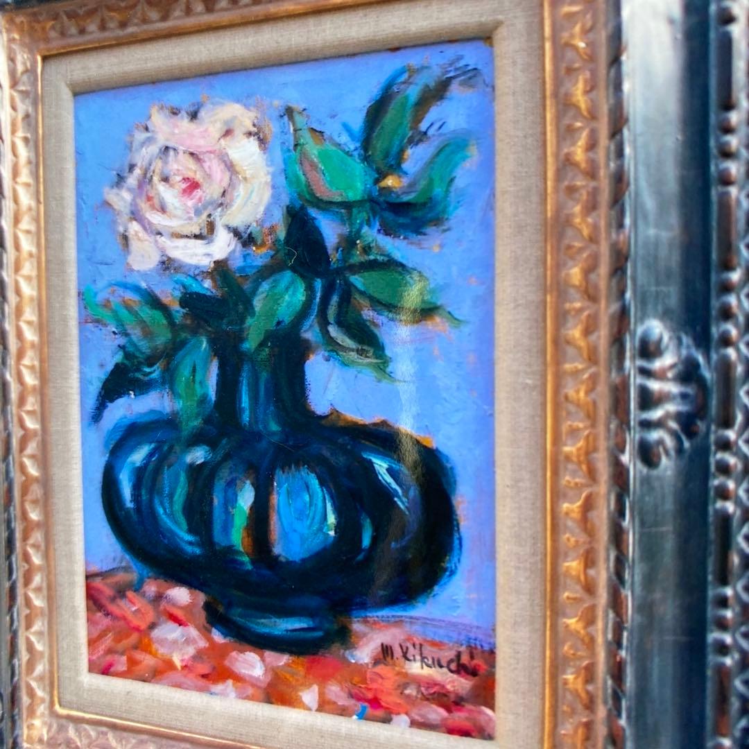 絵画　油絵　油彩画F4 「バラ一輪」額付き　美品　芸術　原画　手描き　サイン入り