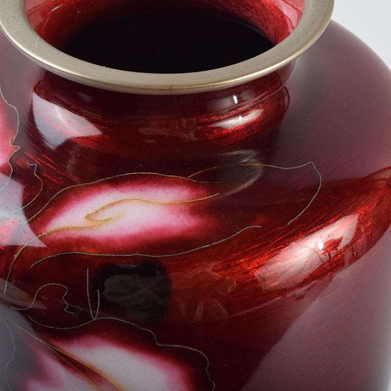 七宝焼　安藤七宝店　赤透釉　カトレア文　花瓶　C　R9409