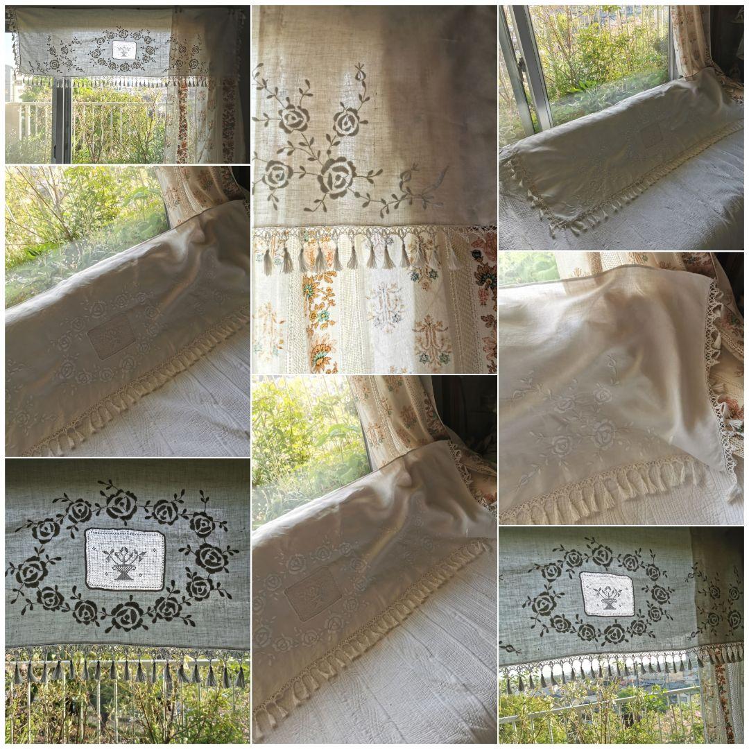 アンティークフランス ローズ刺繍とフィレレースのタッセルフリンジ付リネンカーテン