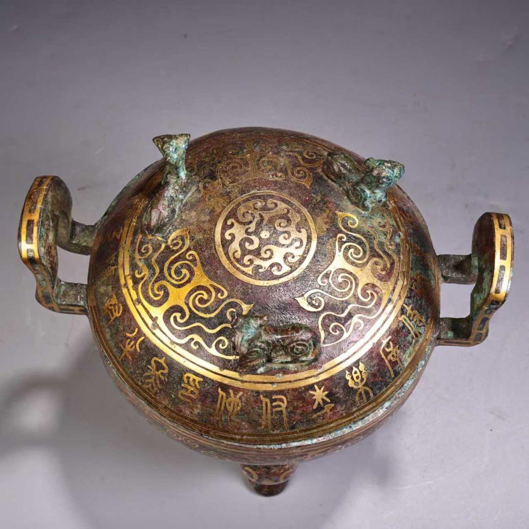 中国古美術・旧蔵搓金銀装飾付き銘文入り双耳三脚円鼎炉・青銅・純手作り・置物・茶道