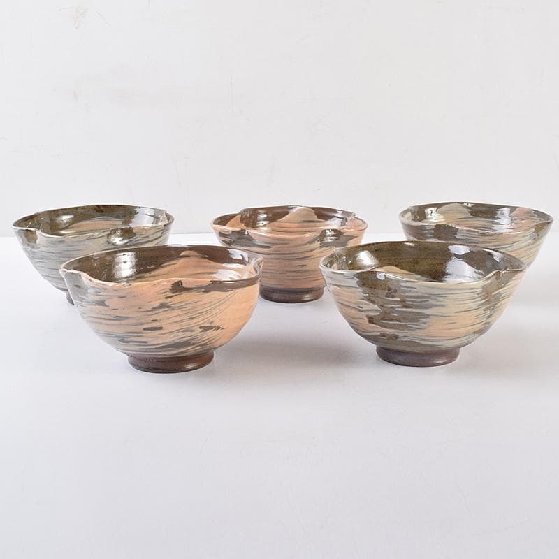 和食器　丹波焼　森本陶谷造　輪花向付　五客　共箱　V　R7729B