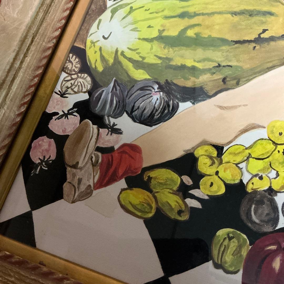 藤田嗣治 肉筆 油彩画 果物と少女 （市場では模写）藤田嗣治と東郷青児サインあり