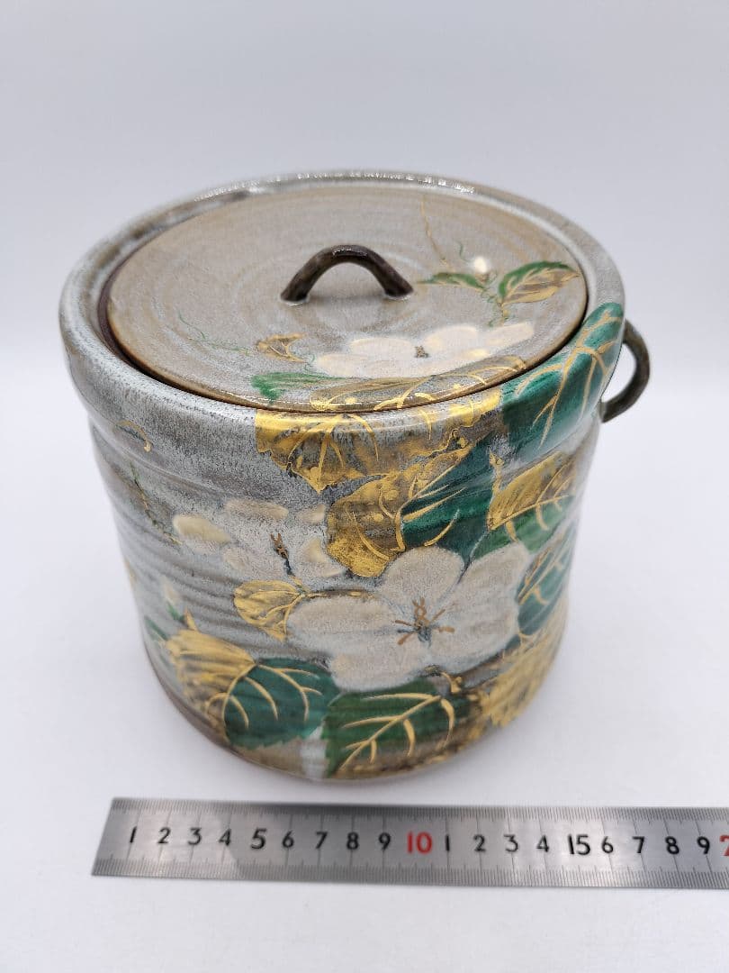 c810 【未使用】水指 乾山写 耳付 夕顔 中村秋峰 木箱 茶道具 古物